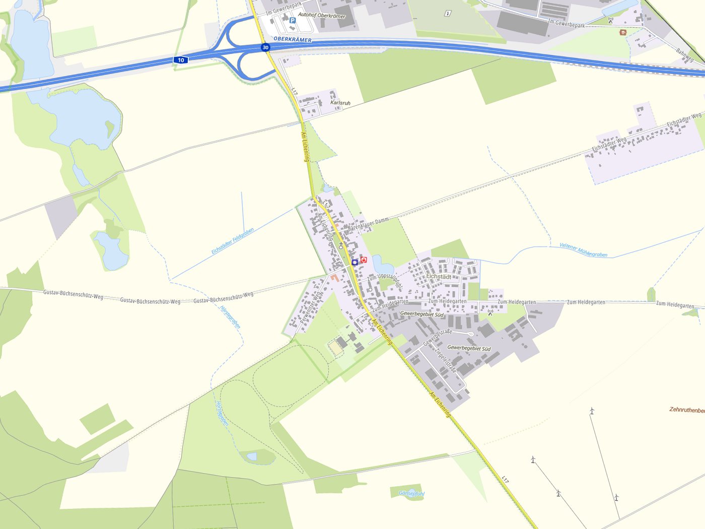 Kartenausschnitt Oberkrämer mit Gewässern