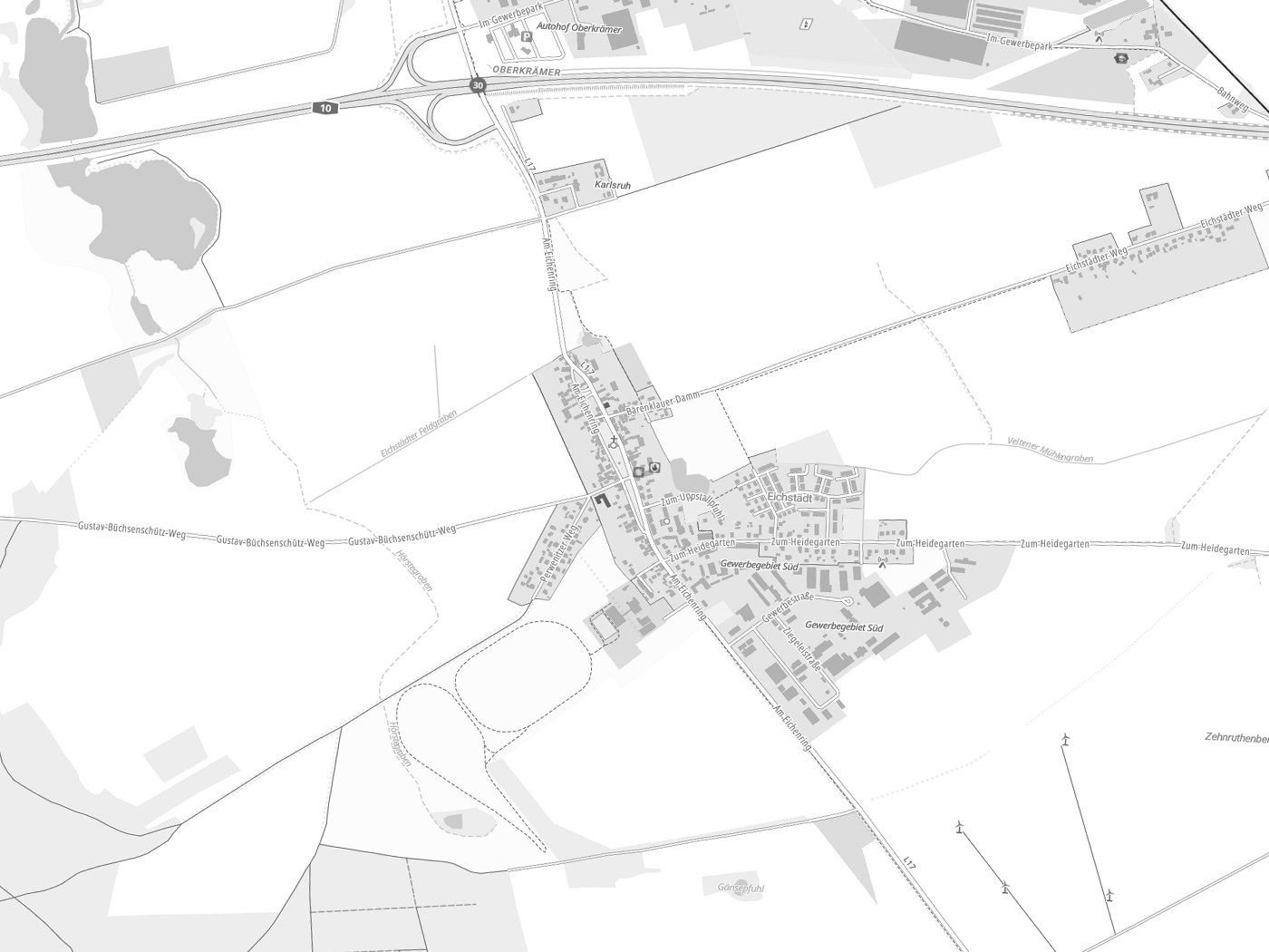 Kartenausschnitt Oberkrämer mit Gewässern