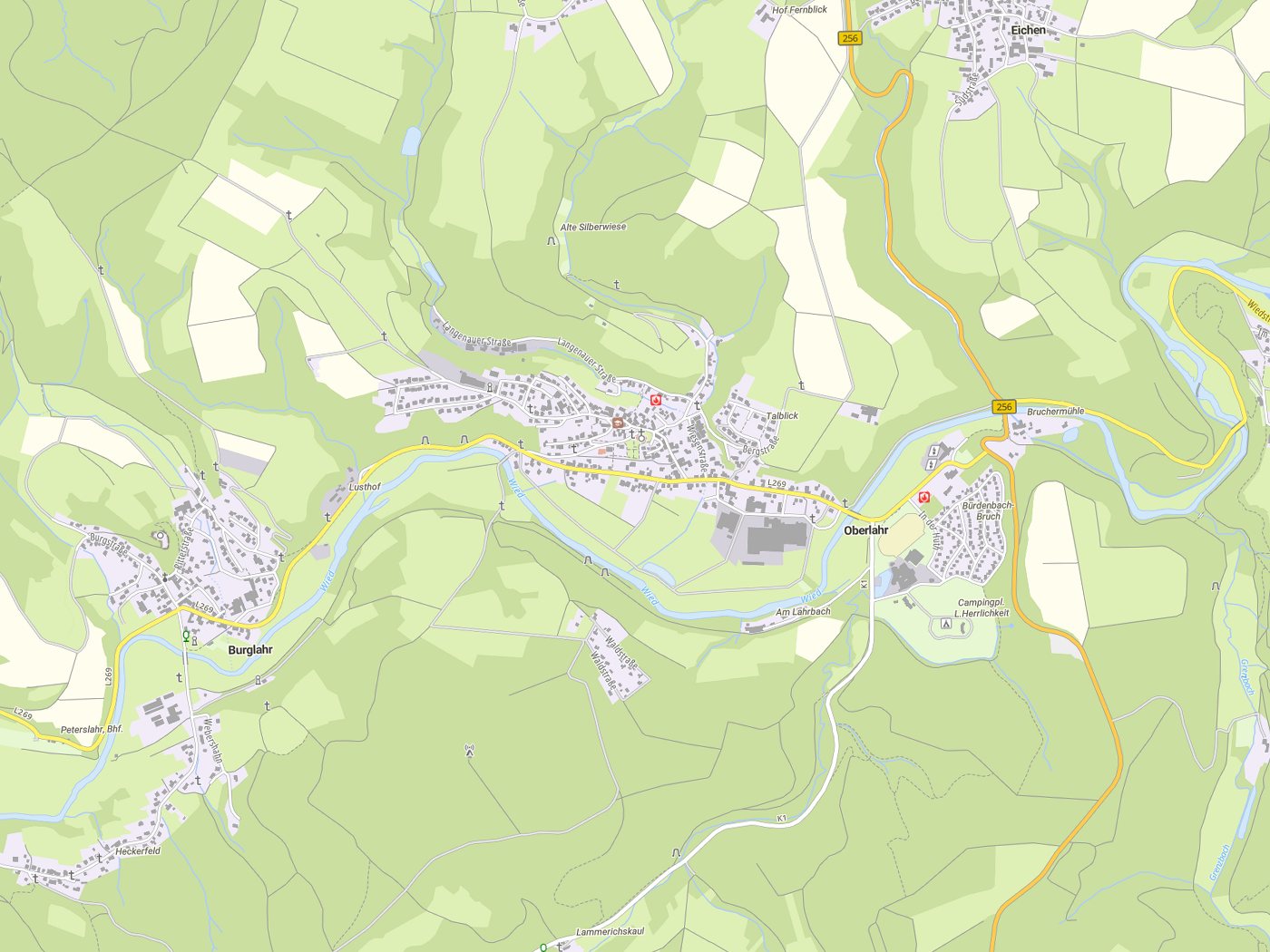 Kartenausschnitt Oberlahr mit Gewässern