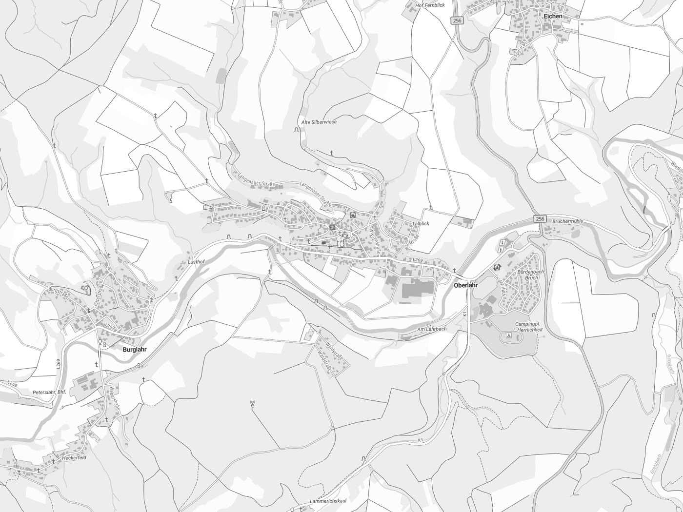 Kartenausschnitt Oberlahr mit Gewässern