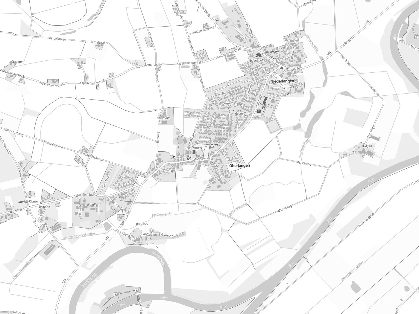 Kartenausschnitt Oberlangen mit Gewässern