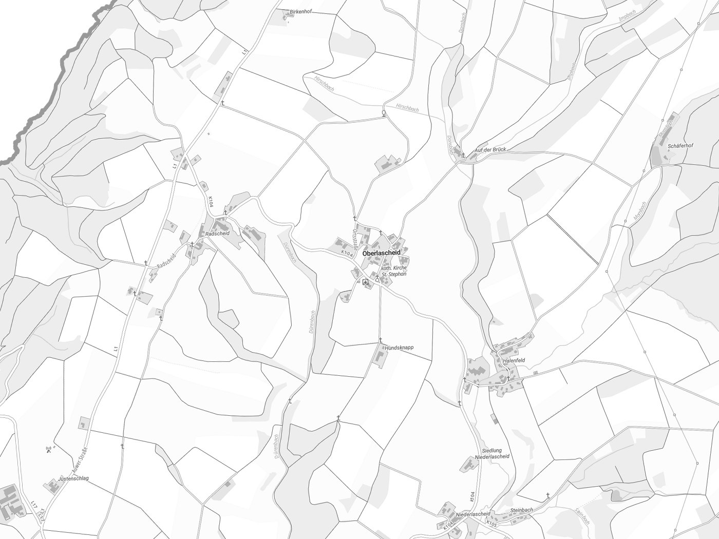Kartenausschnitt Oberlascheid mit Gewässern