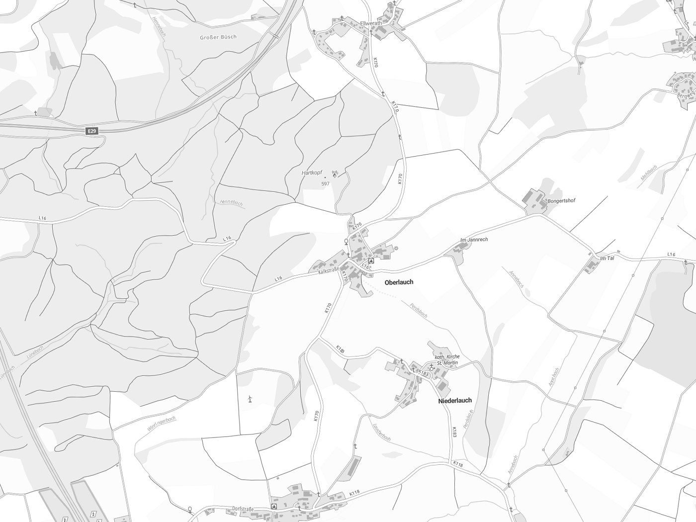 Kartenausschnitt Oberlauch mit Gewässern