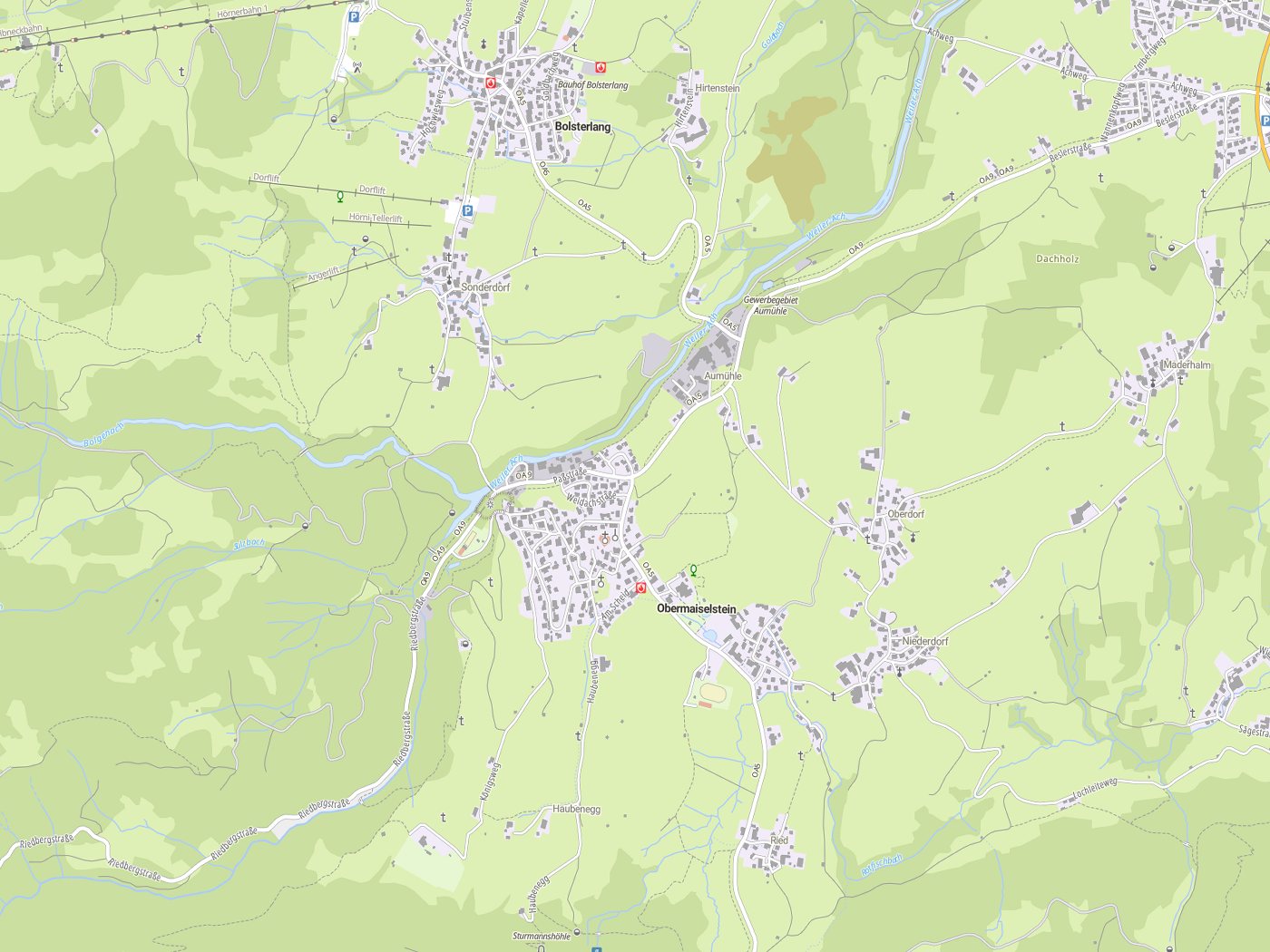 Kartenausschnitt Obermaiselstein mit Gewässern