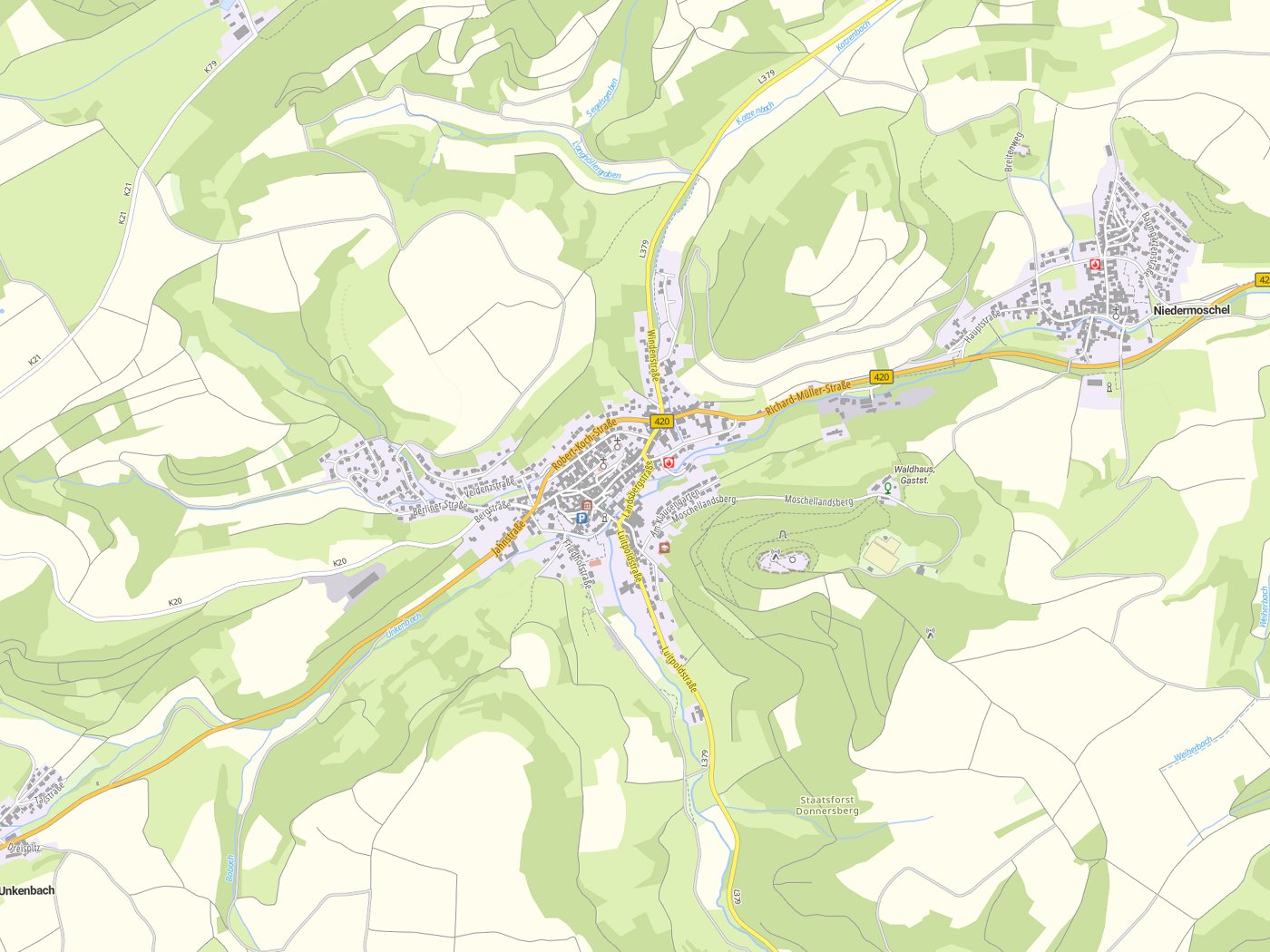 Kartenausschnitt Obermoschel mit Gewässern