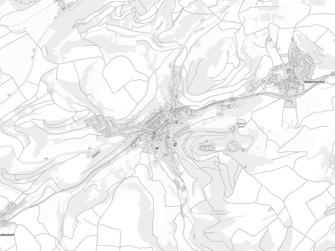 Kartenausschnitt Obermoschel mit Gewässern