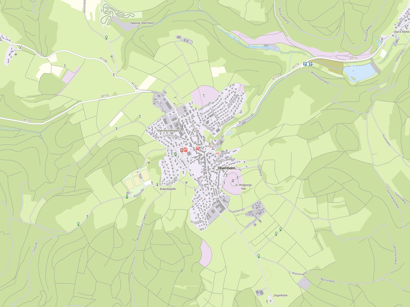 Kartenausschnitt Obernheim mit Gewässern