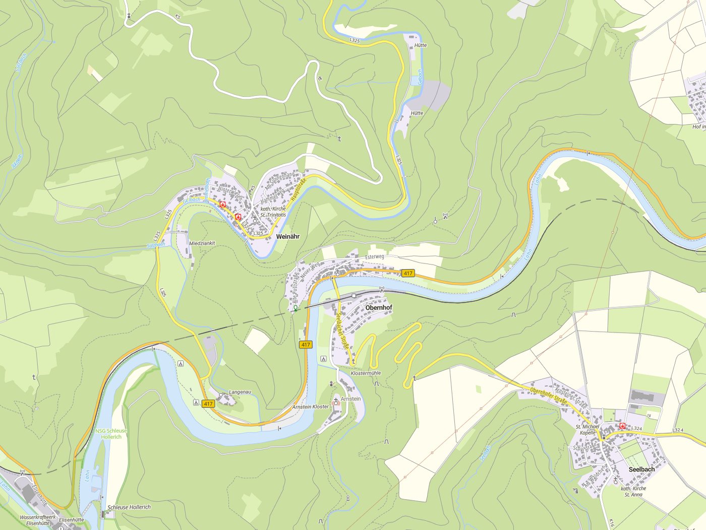 Kartenausschnitt Obernhof mit Gewässern
