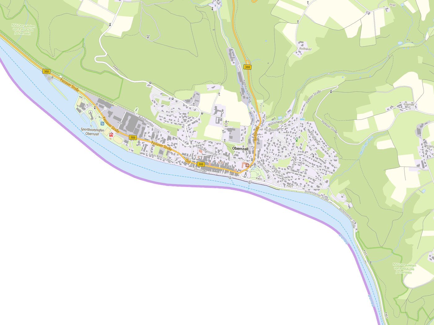 Kartenausschnitt Obernzell mit Gewässern