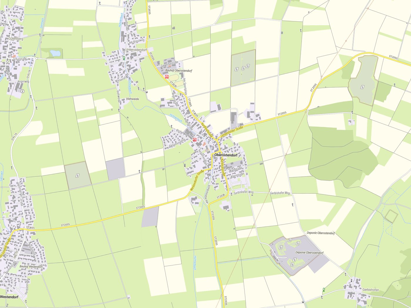 Kartenausschnitt Oberostendorf mit Gewässern