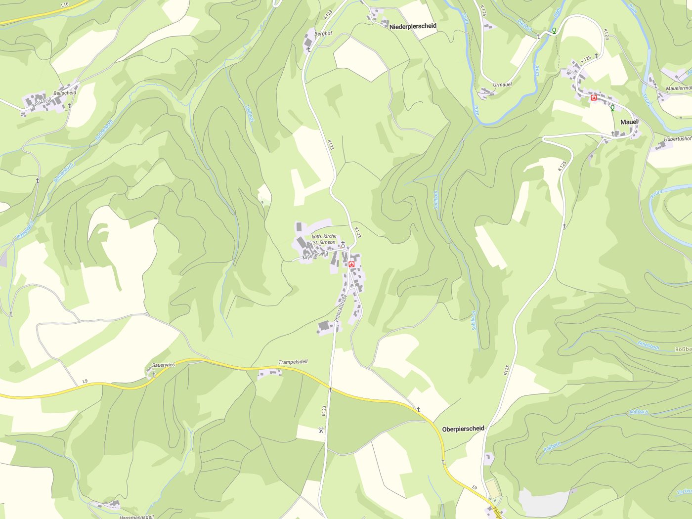 Kartenausschnitt Oberpierscheid mit Gewässern