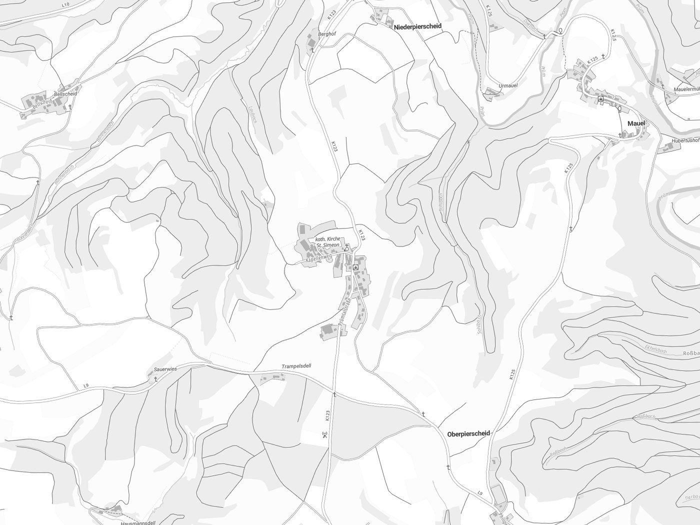 Kartenausschnitt Oberpierscheid mit Gewässern