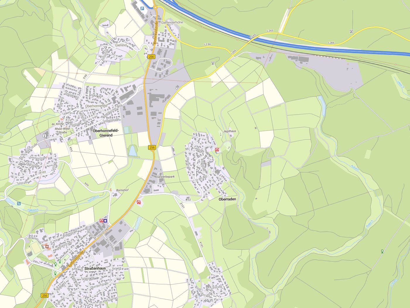 Kartenausschnitt Oberraden mit Gewässern