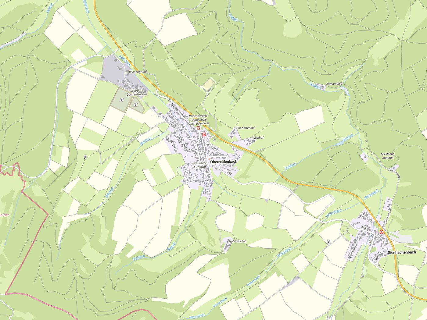 Kartenausschnitt Oberreidenbach mit Gewässern