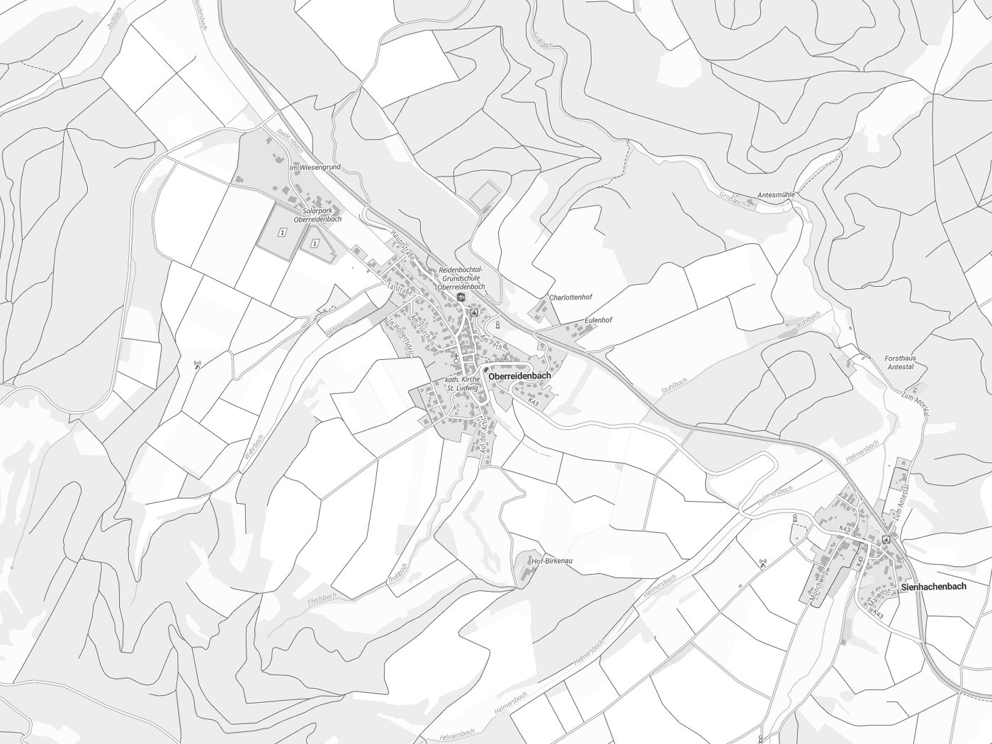 Kartenausschnitt Oberreidenbach mit Gewässern