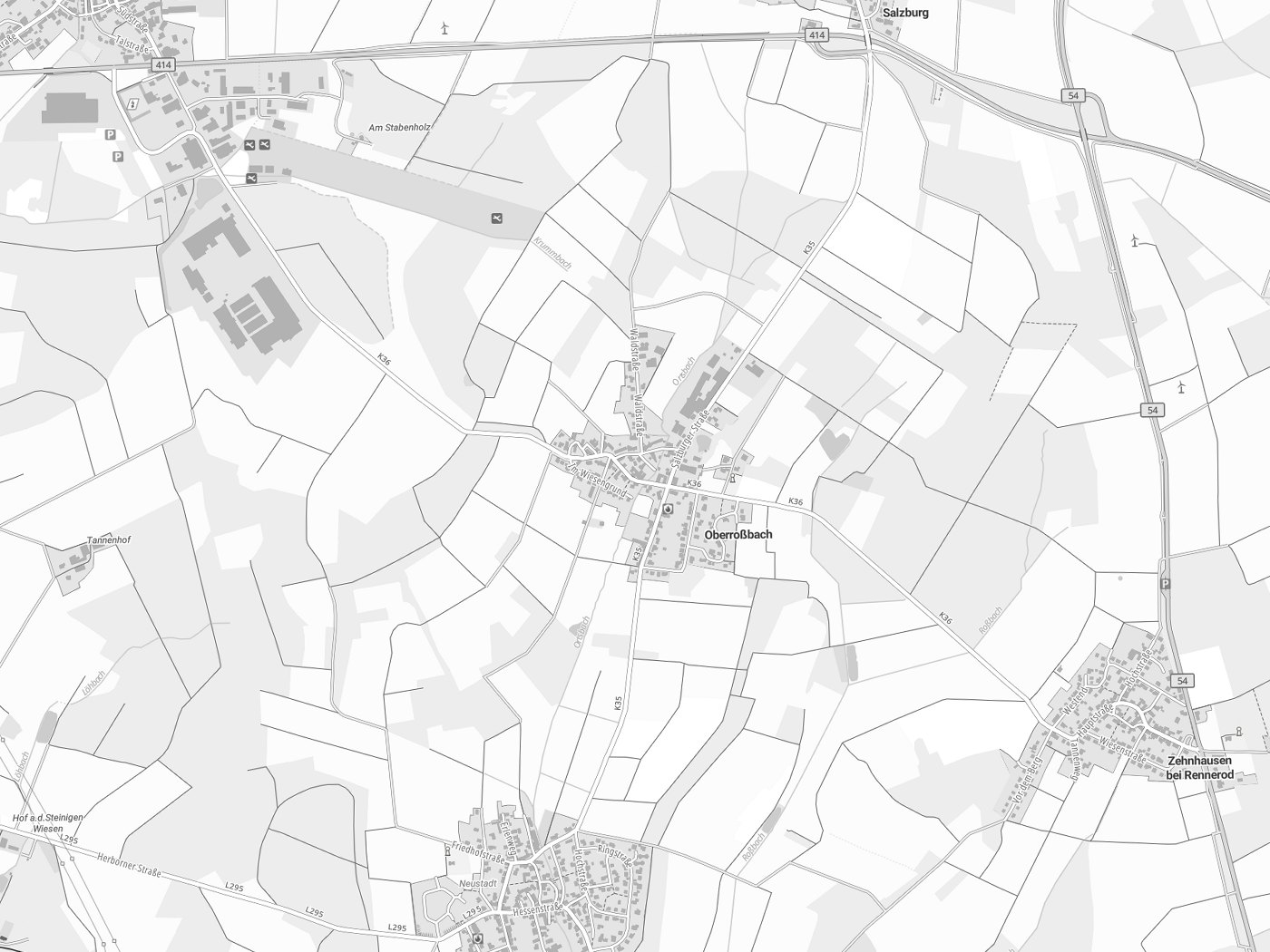 Kartenausschnitt Oberroßbach mit Gewässern