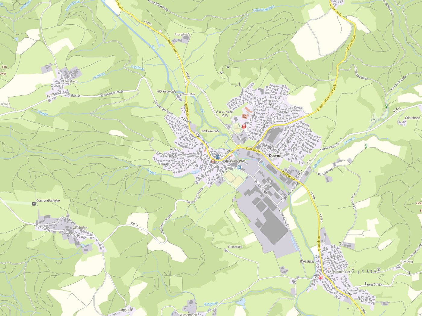 Kartenausschnitt Oberrot mit Gewässern