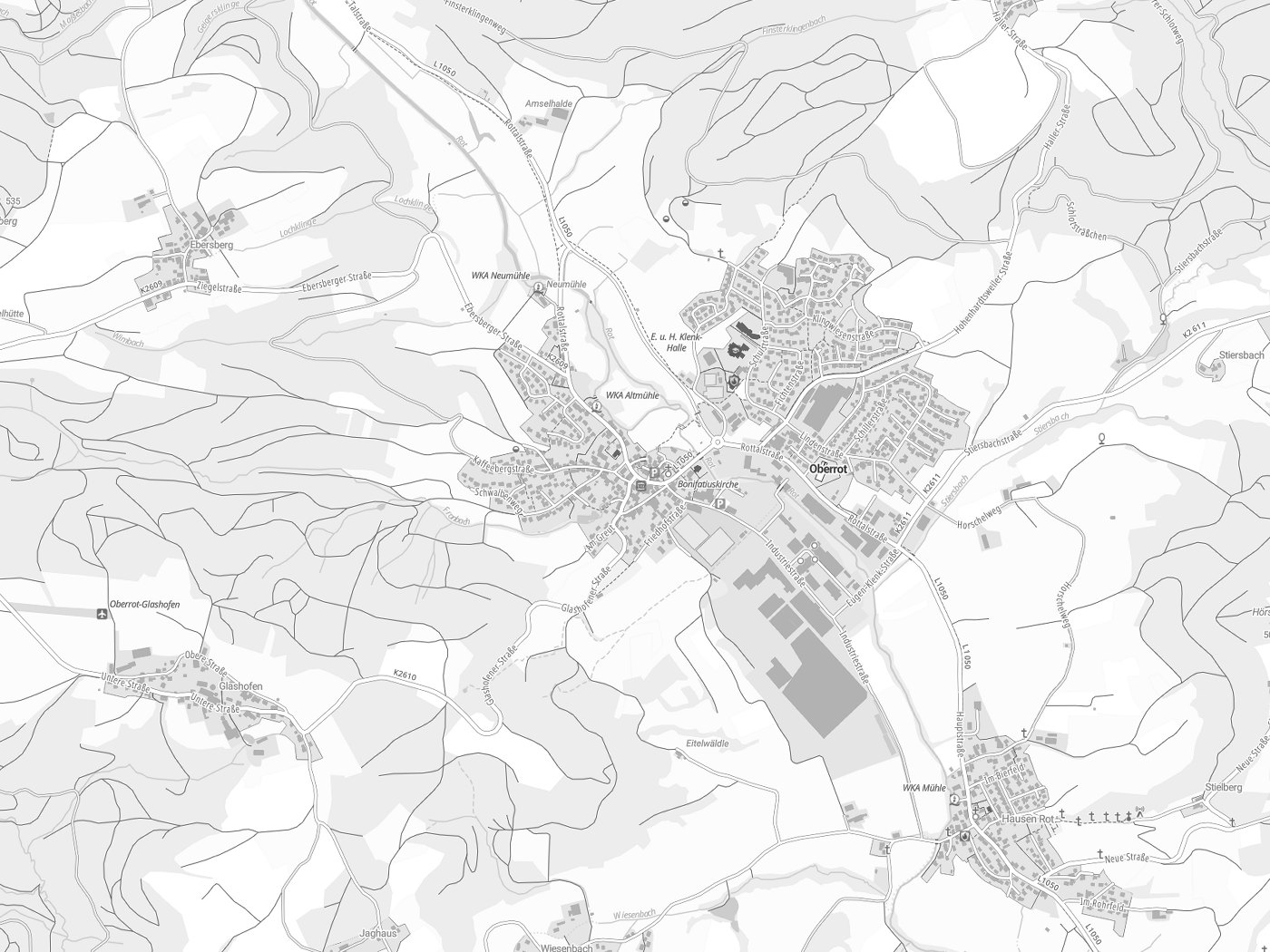 Kartenausschnitt Oberrot mit Gewässern