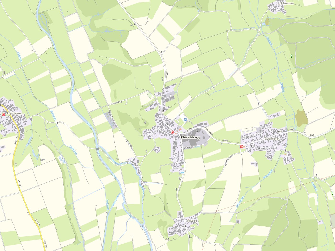 Kartenausschnitt Oberschönegg mit Gewässern