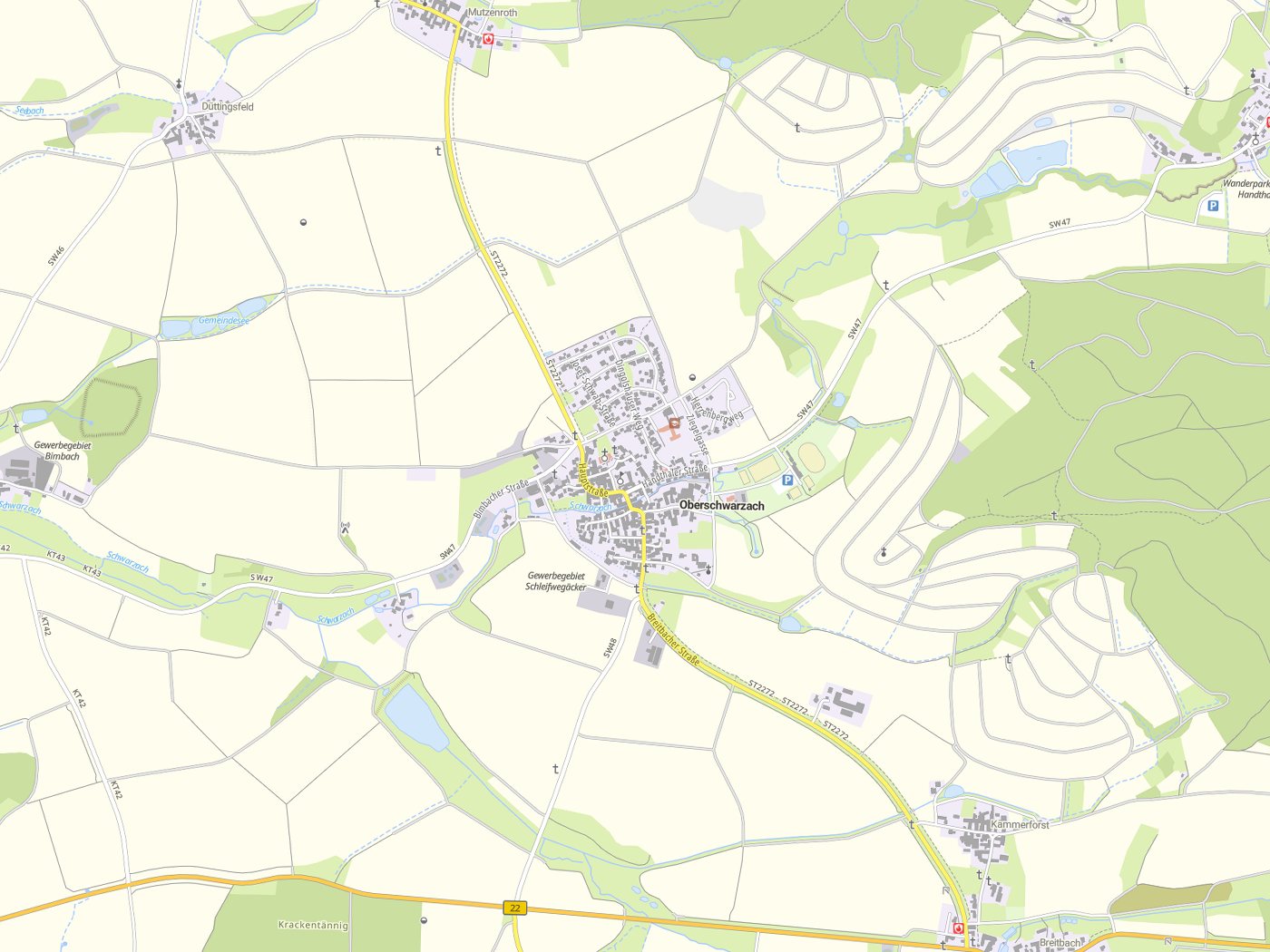 Kartenausschnitt Oberschwarzach mit Gewässern