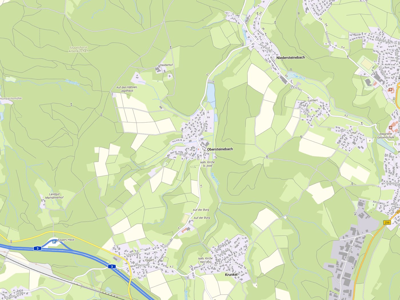 Kartenausschnitt Obersteinebach mit Gewässern