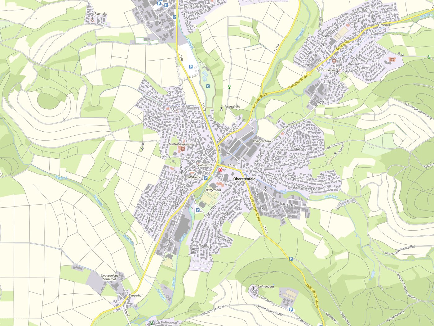 Kartenausschnitt Oberstenfeld mit Gewässern