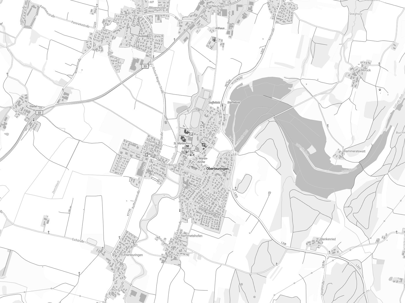 Kartenausschnitt Oberteuringen mit Gewässern