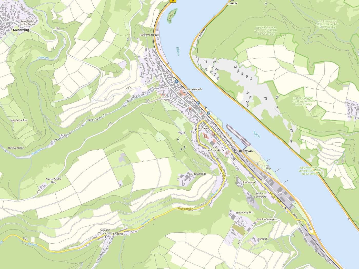 Kartenausschnitt Oberwesel mit Gewässern