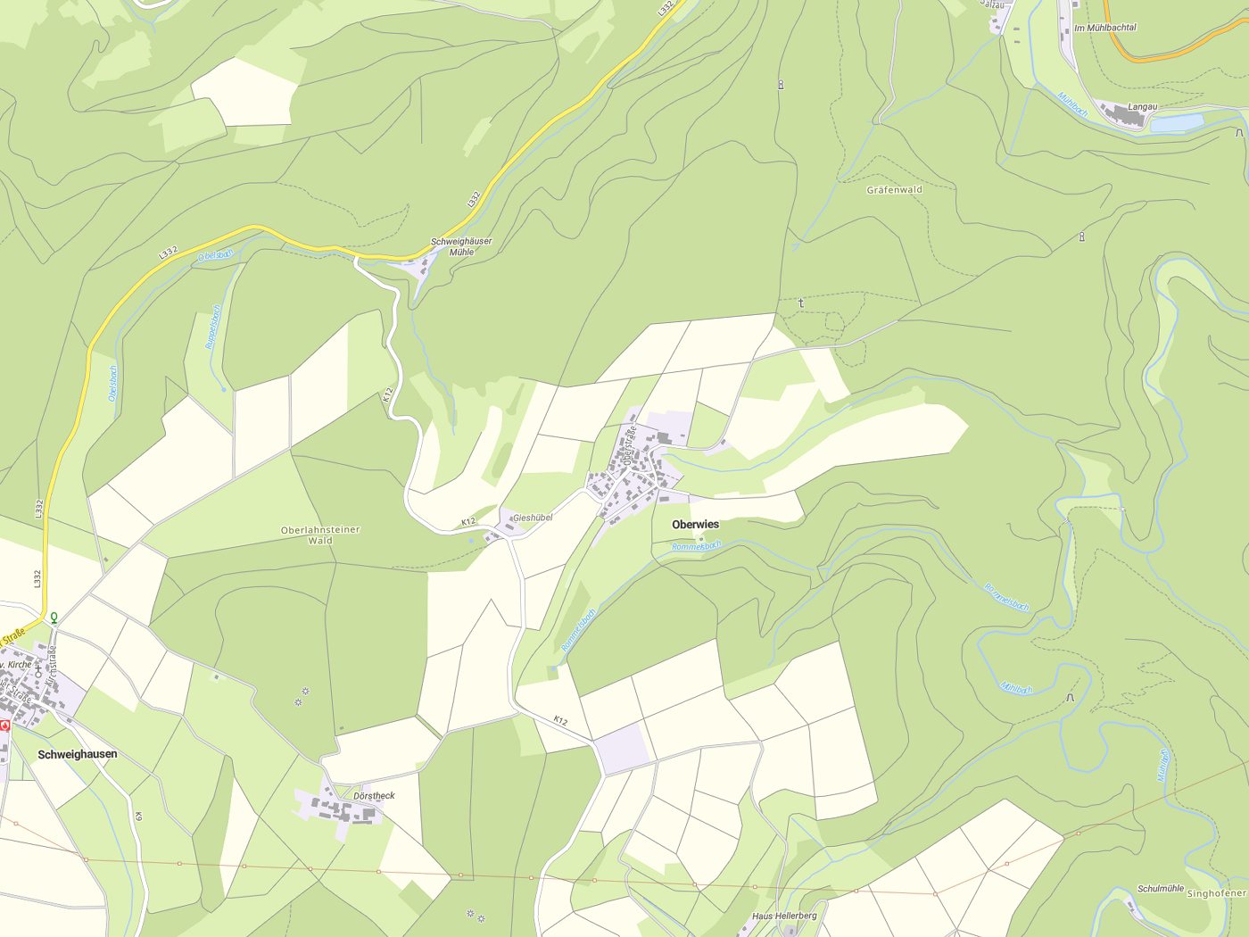 Kartenausschnitt Oberwies mit Gewässern