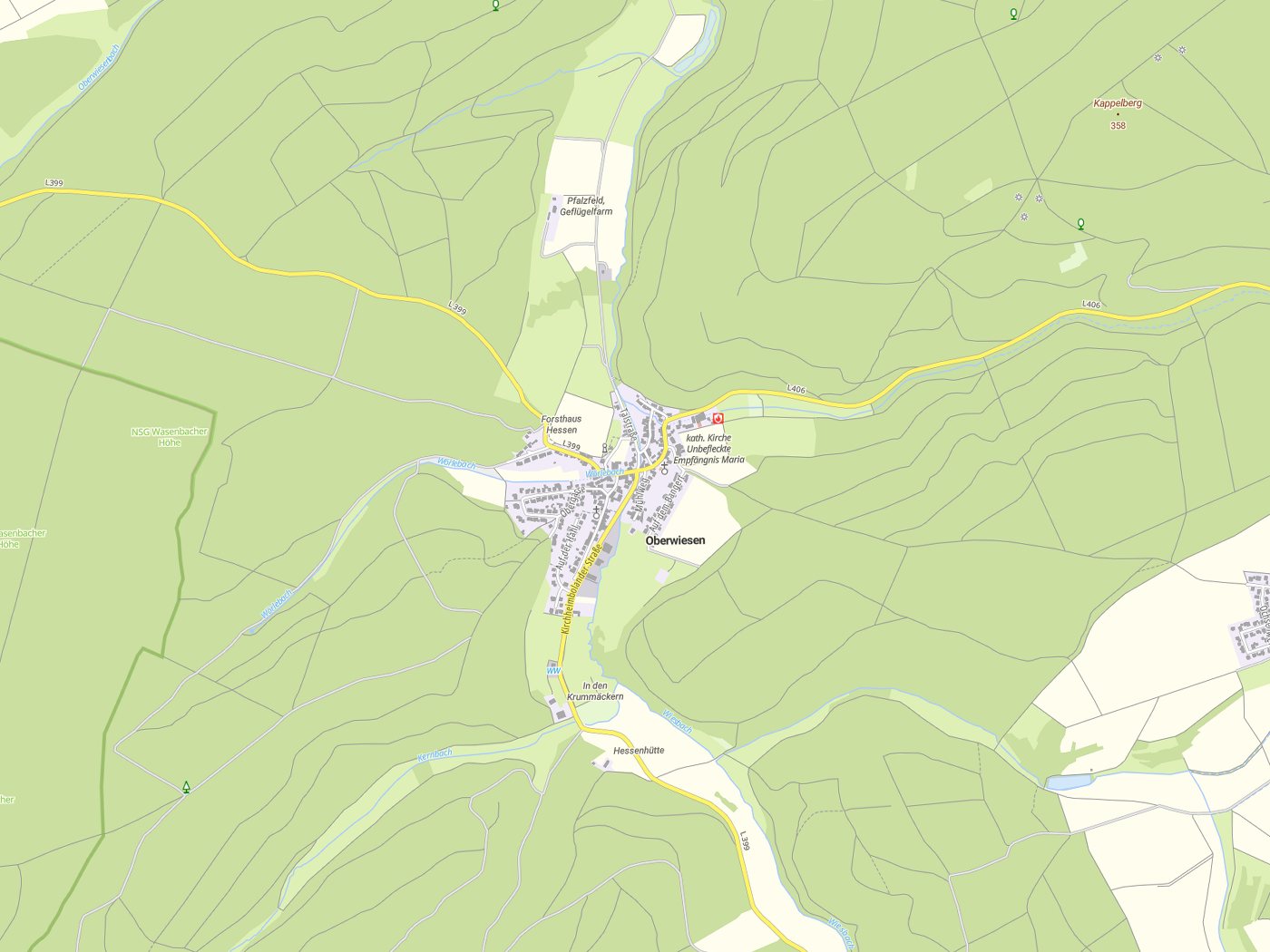 Kartenausschnitt Oberwiesen mit Gewässern