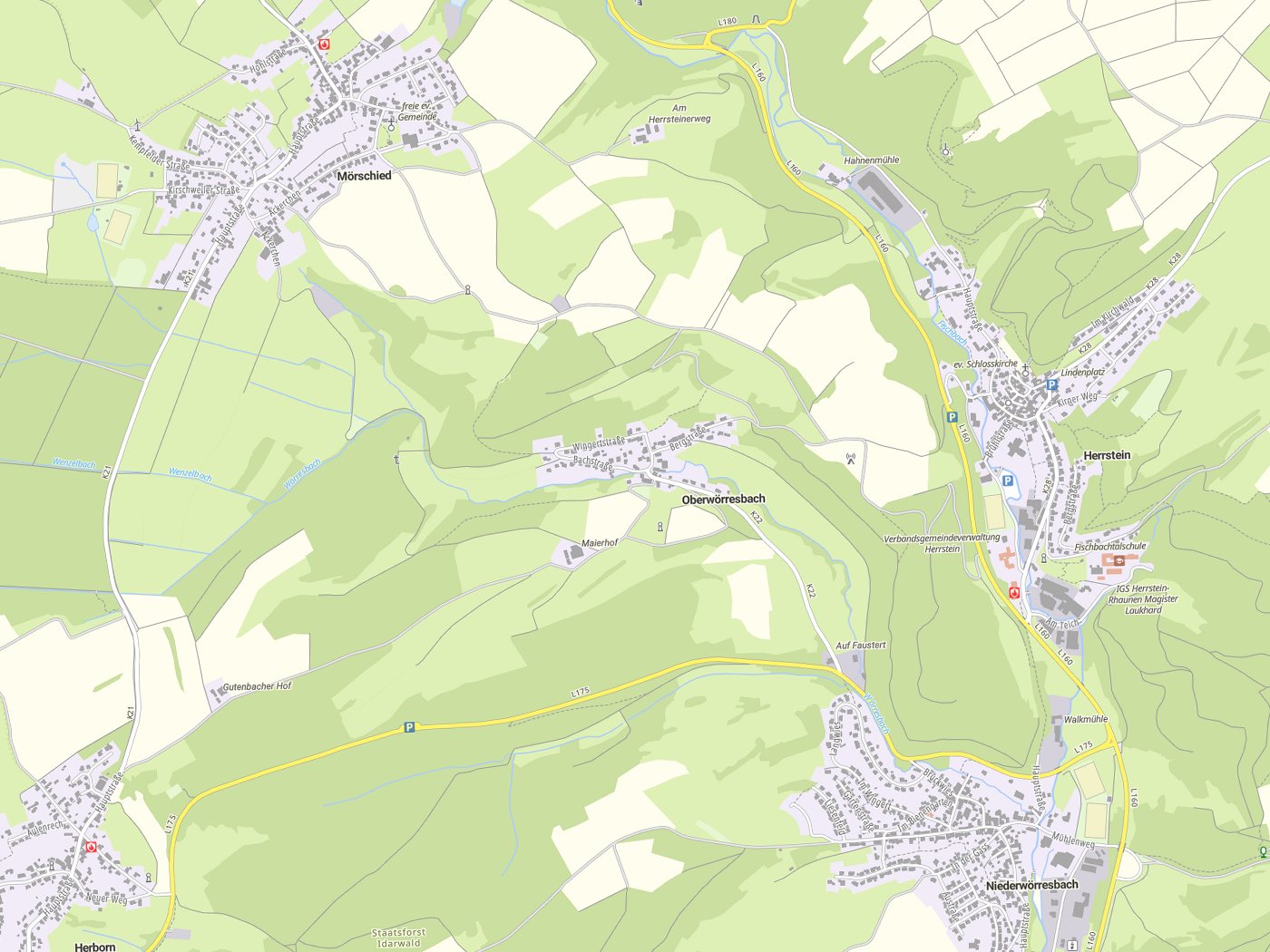 Kartenausschnitt Oberwörresbach mit Gewässern