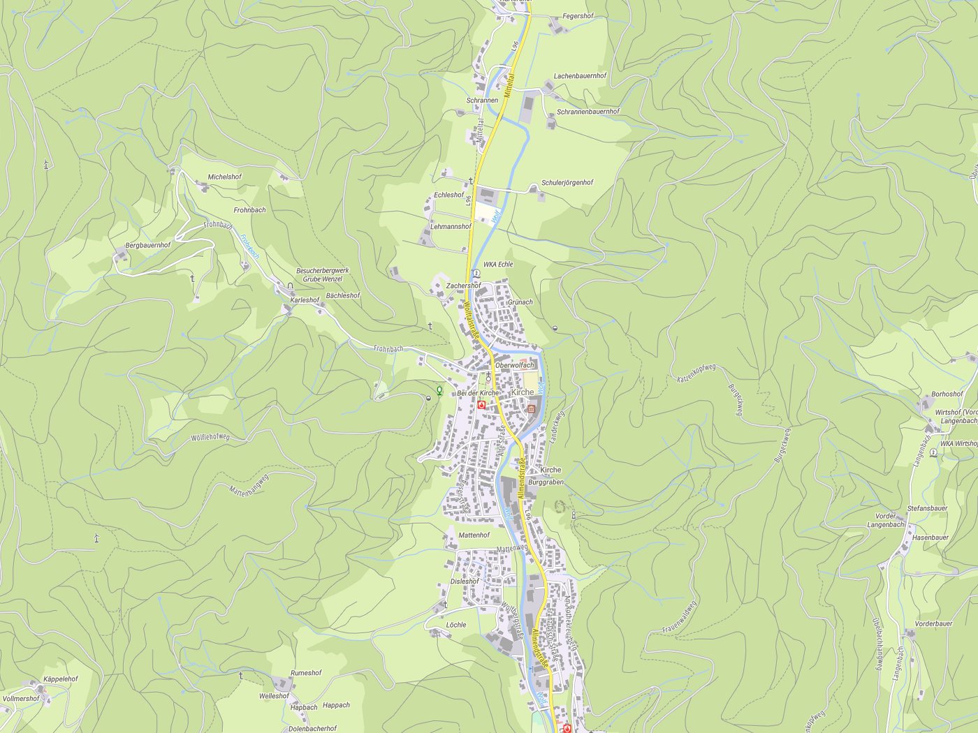 Kartenausschnitt Oberwolfach mit Gewässern