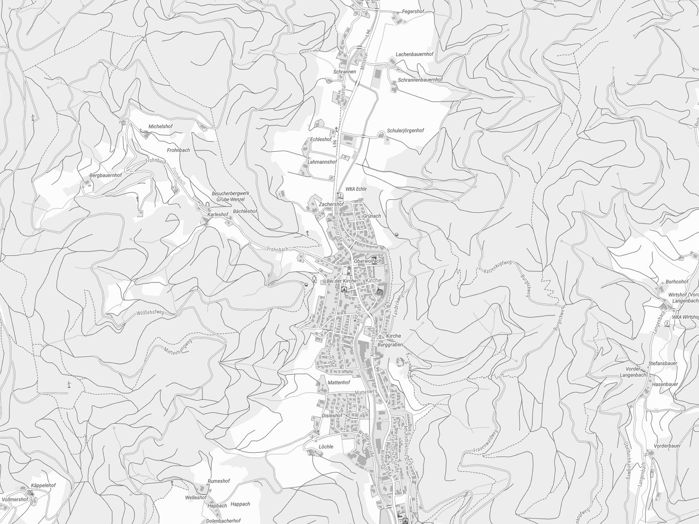 Kartenausschnitt Oberwolfach mit Gewässern