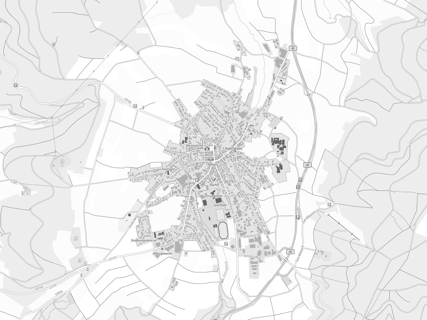 Kartenausschnitt Oberzent mit Gewässern
