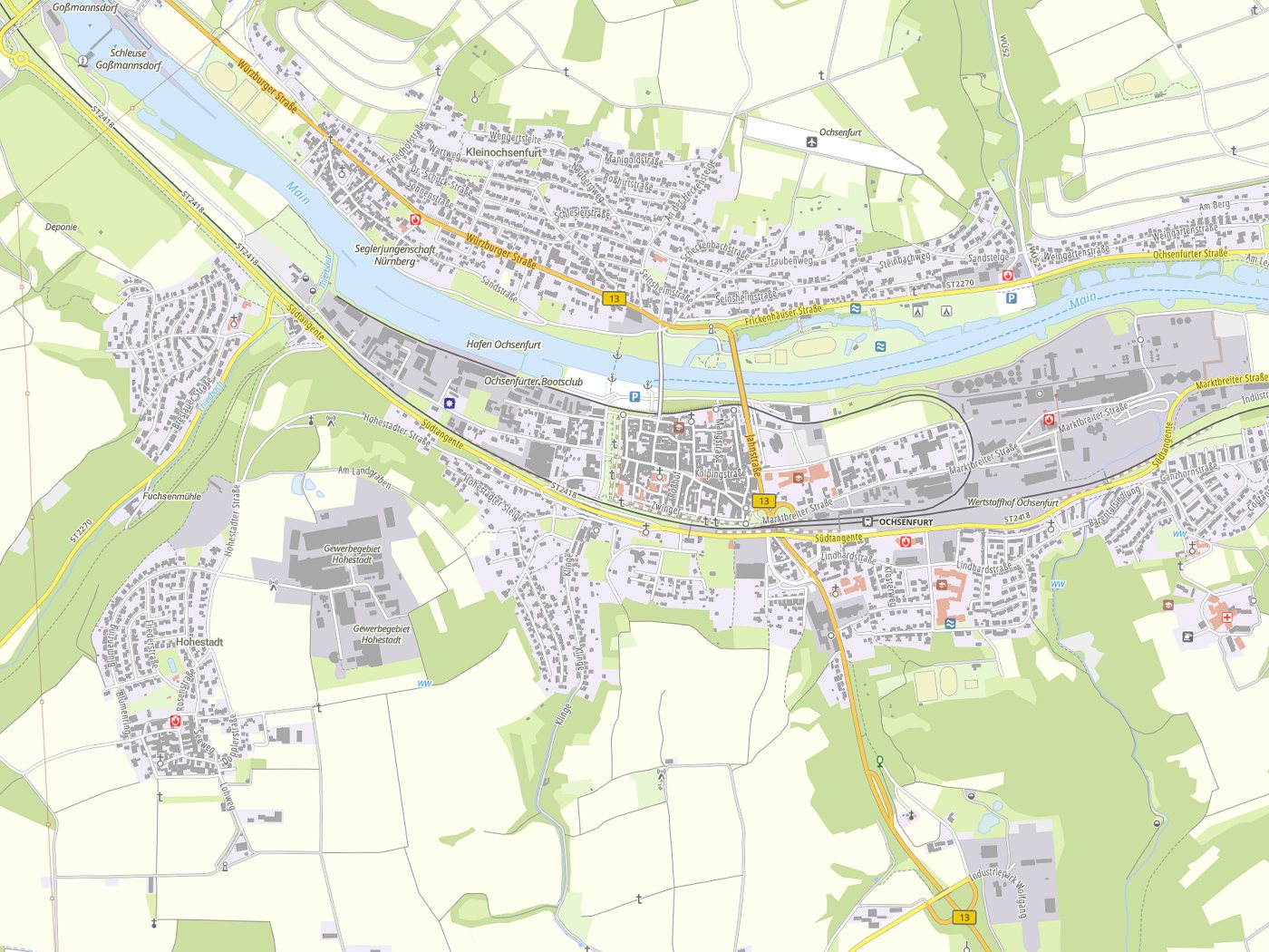 Kartenausschnitt Ochsenfurt mit Gewässern