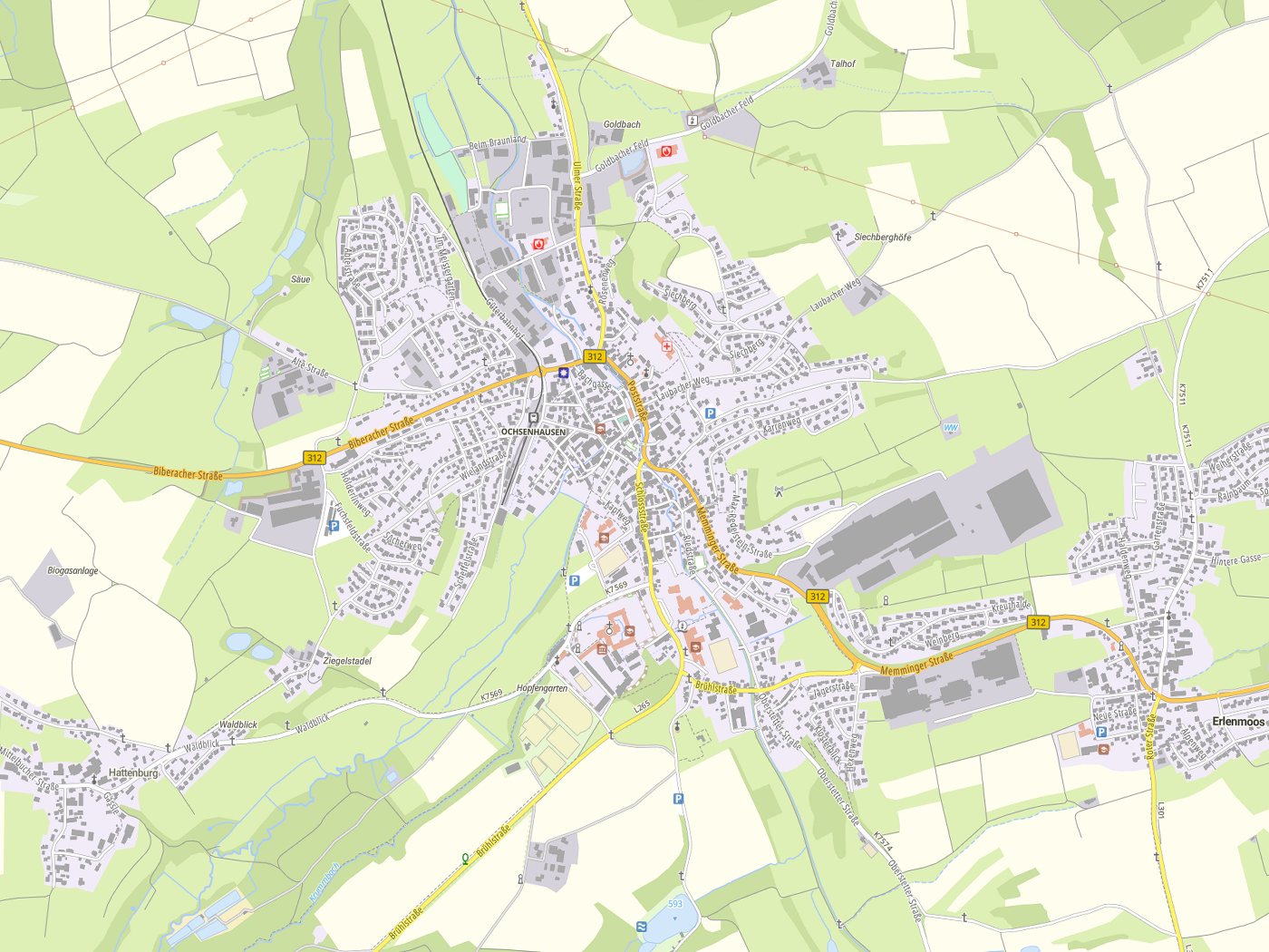 Kartenausschnitt Ochsenhausen mit Gewässern