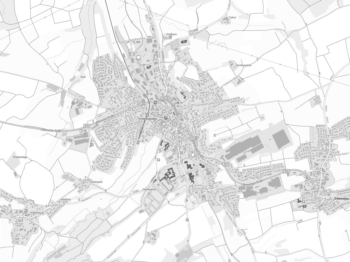 Kartenausschnitt Ochsenhausen mit Gewässern