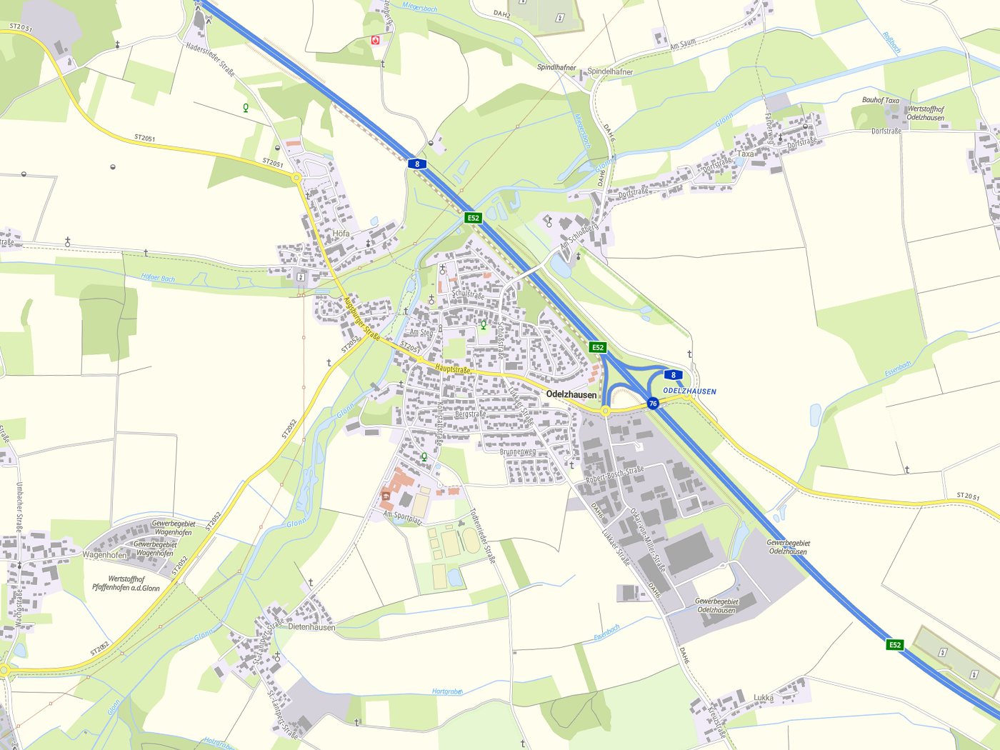 Kartenausschnitt Odelzhausen mit Gewässern
