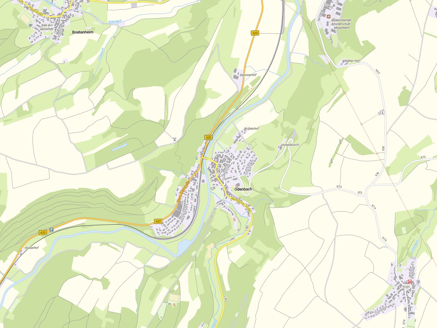 Kartenausschnitt Odenbach mit Gewässern