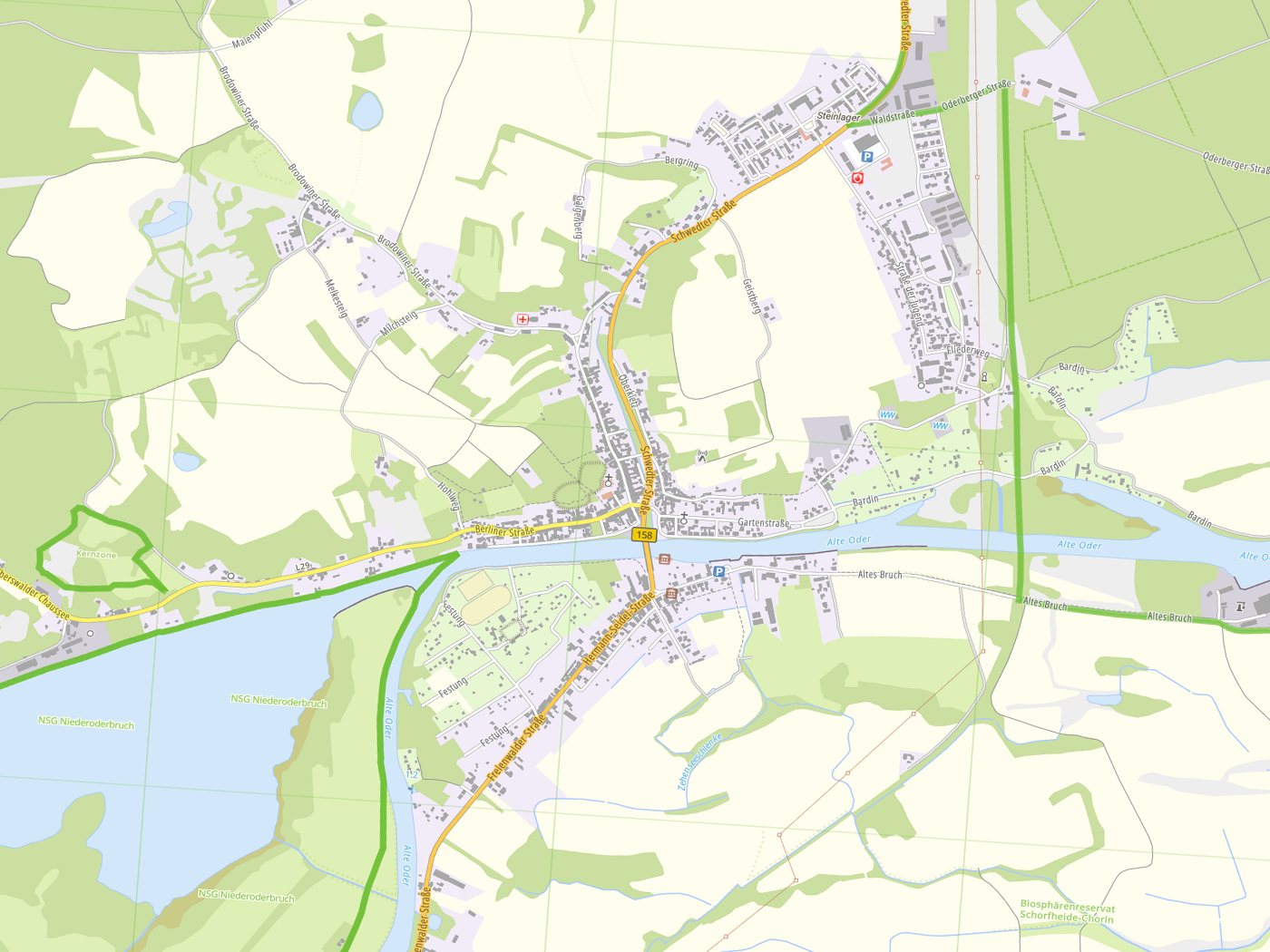 Kartenausschnitt Oderberg mit Gewässern