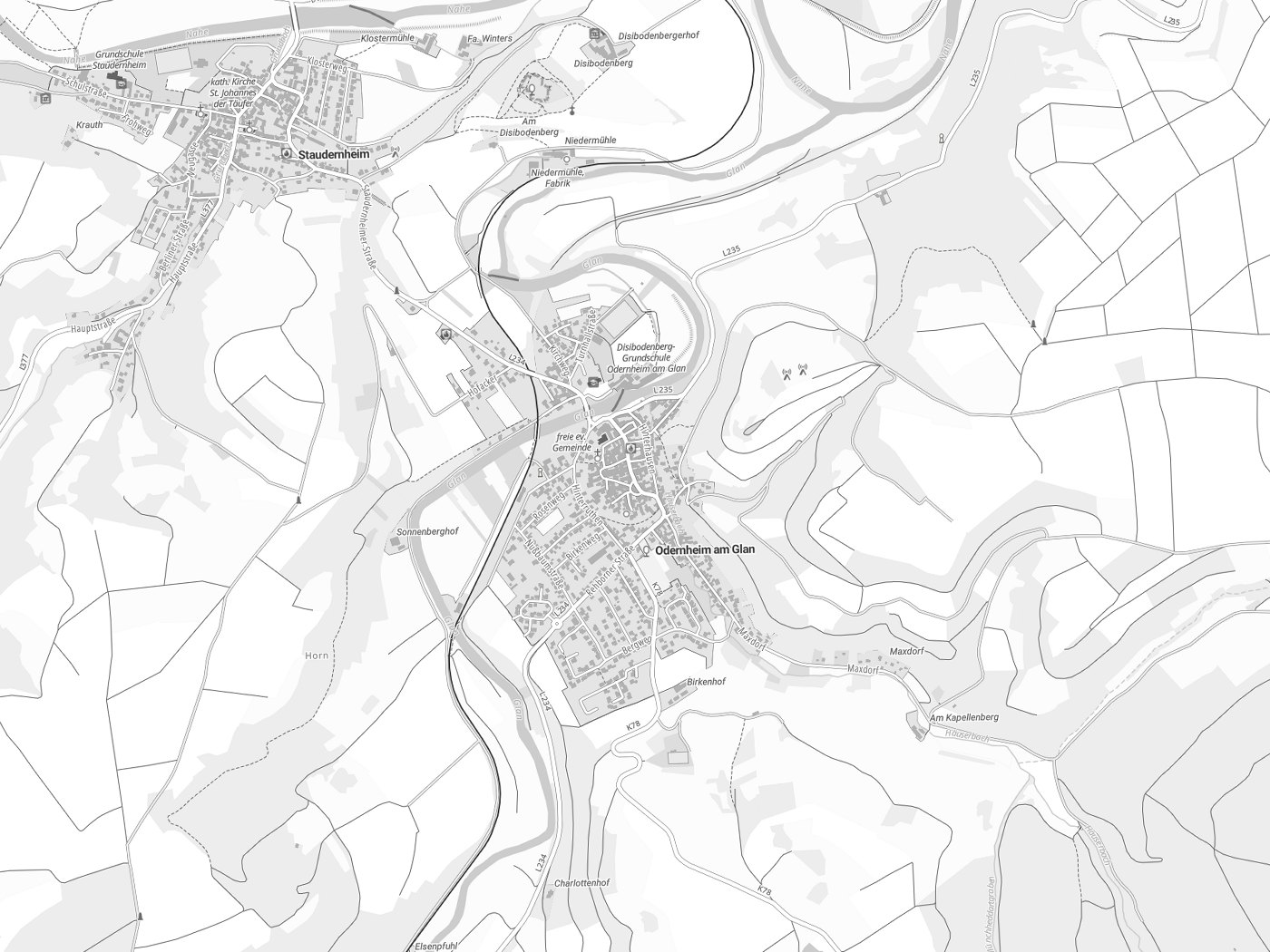 Kartenausschnitt Odernheim am Glan mit Gewässern