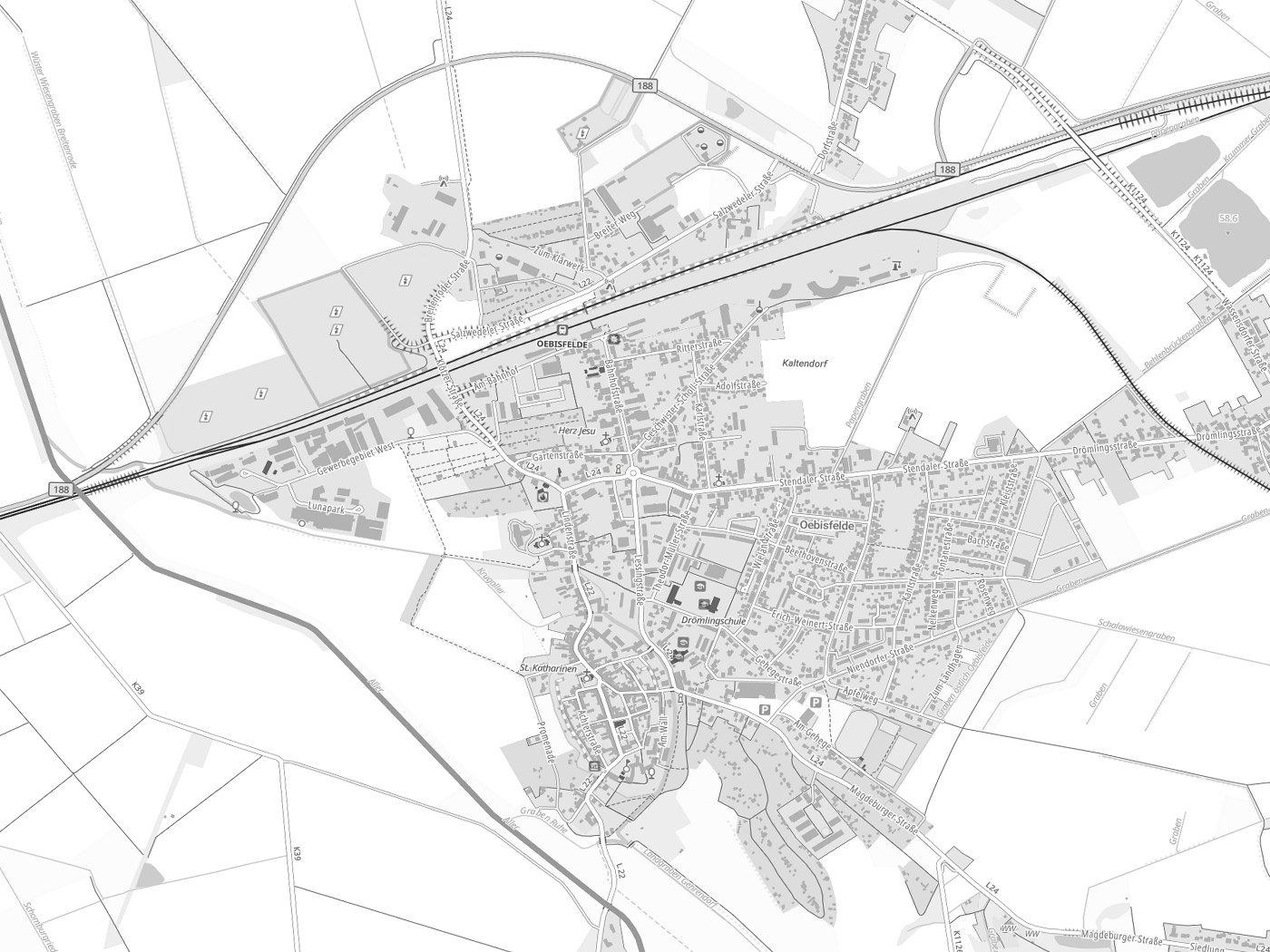 Kartenausschnitt Oebisfelde-Weferlingen mit Gewässern