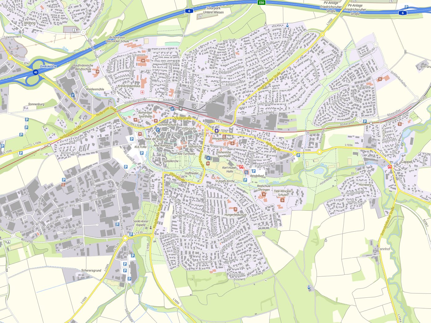 Kartenausschnitt Öhringen mit Gewässern