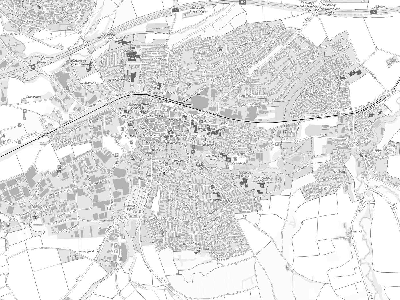 Kartenausschnitt Öhringen mit Gewässern