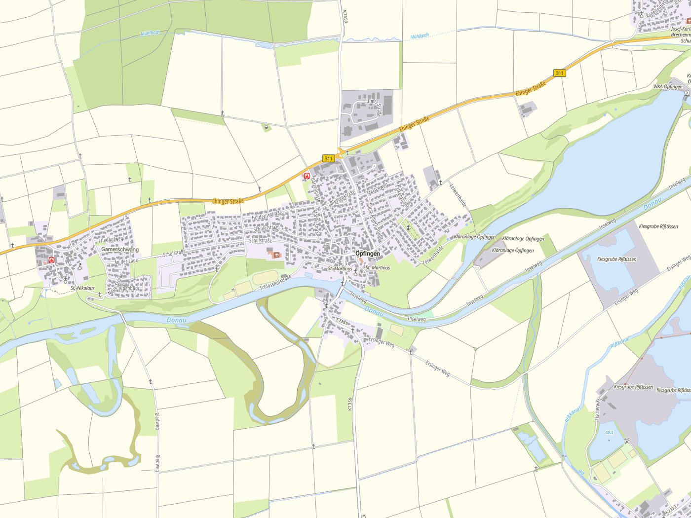 Kartenausschnitt Öpfingen mit Gewässern