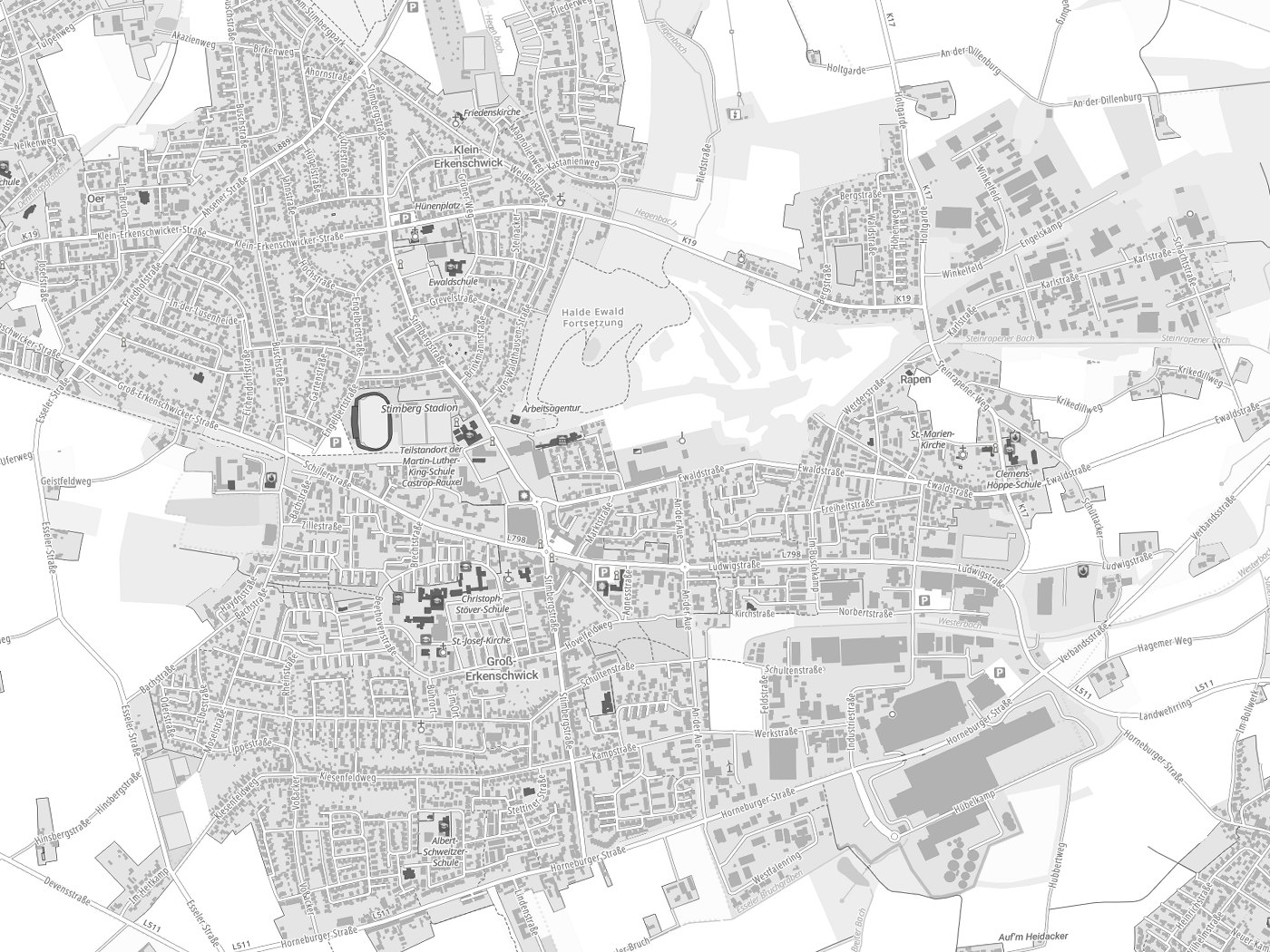 Kartenausschnitt Oer-Erkenschwick mit Gewässern
