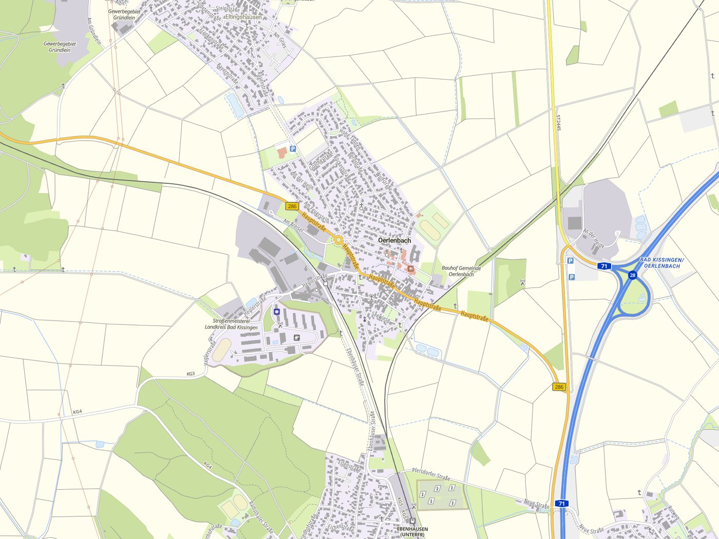 Kartenausschnitt Oerlenbach mit Gewässern