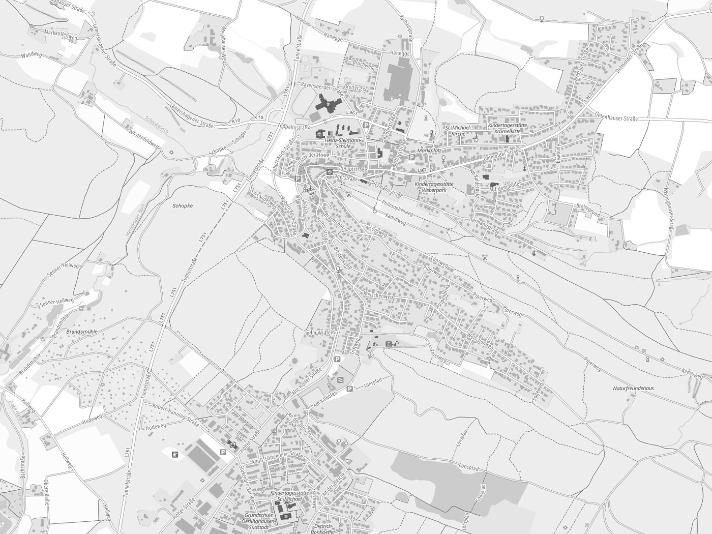 Kartenausschnitt Oerlinghausen mit Gewässern