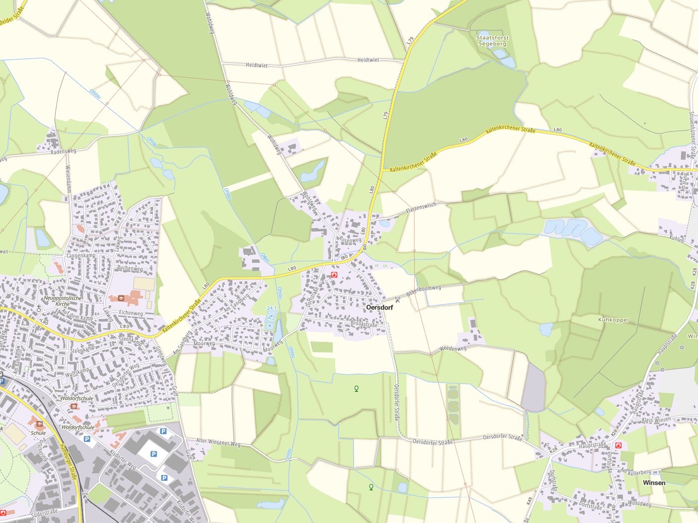 Kartenausschnitt Oersdorf mit Gewässern
