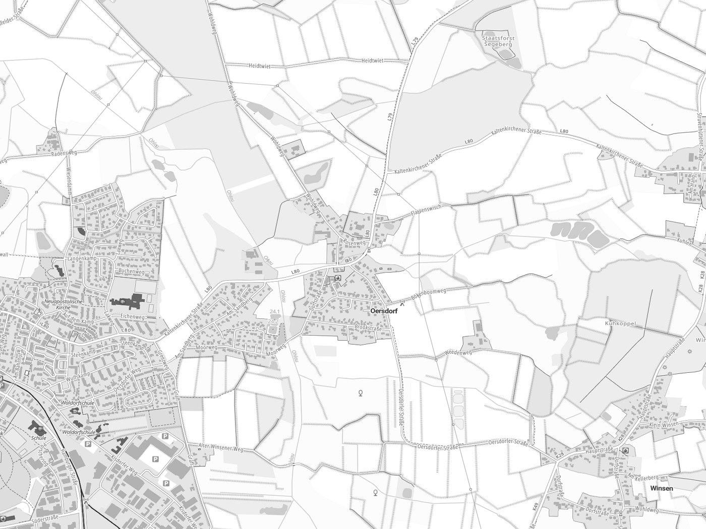 Kartenausschnitt Oersdorf mit Gewässern